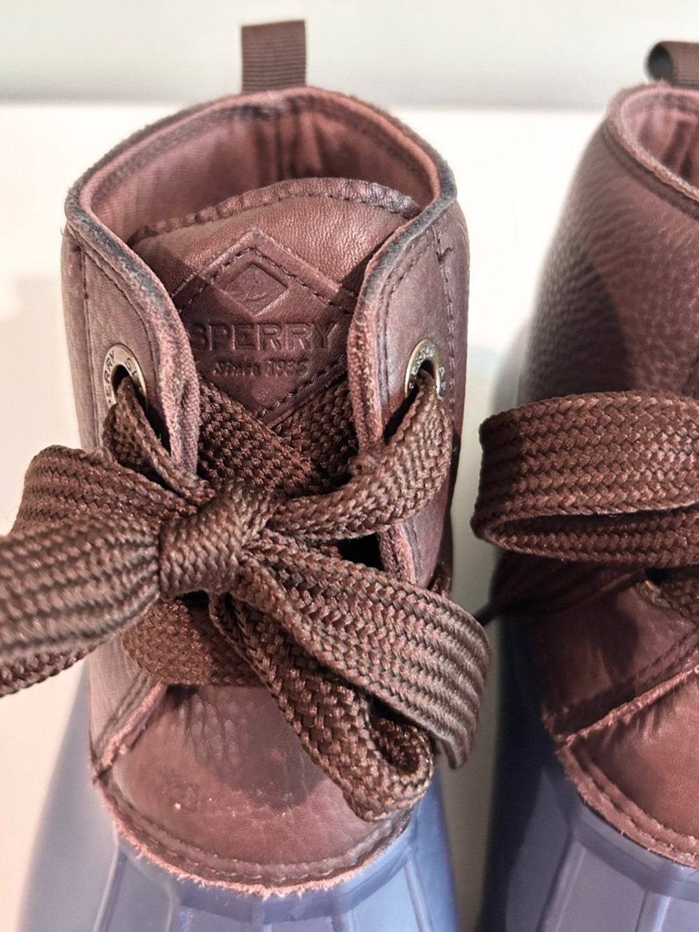 Sperry Saltwater Waterproof Duck Boots Brown Navy Leather Rain Boots 8.5 - Picture 6 of 11